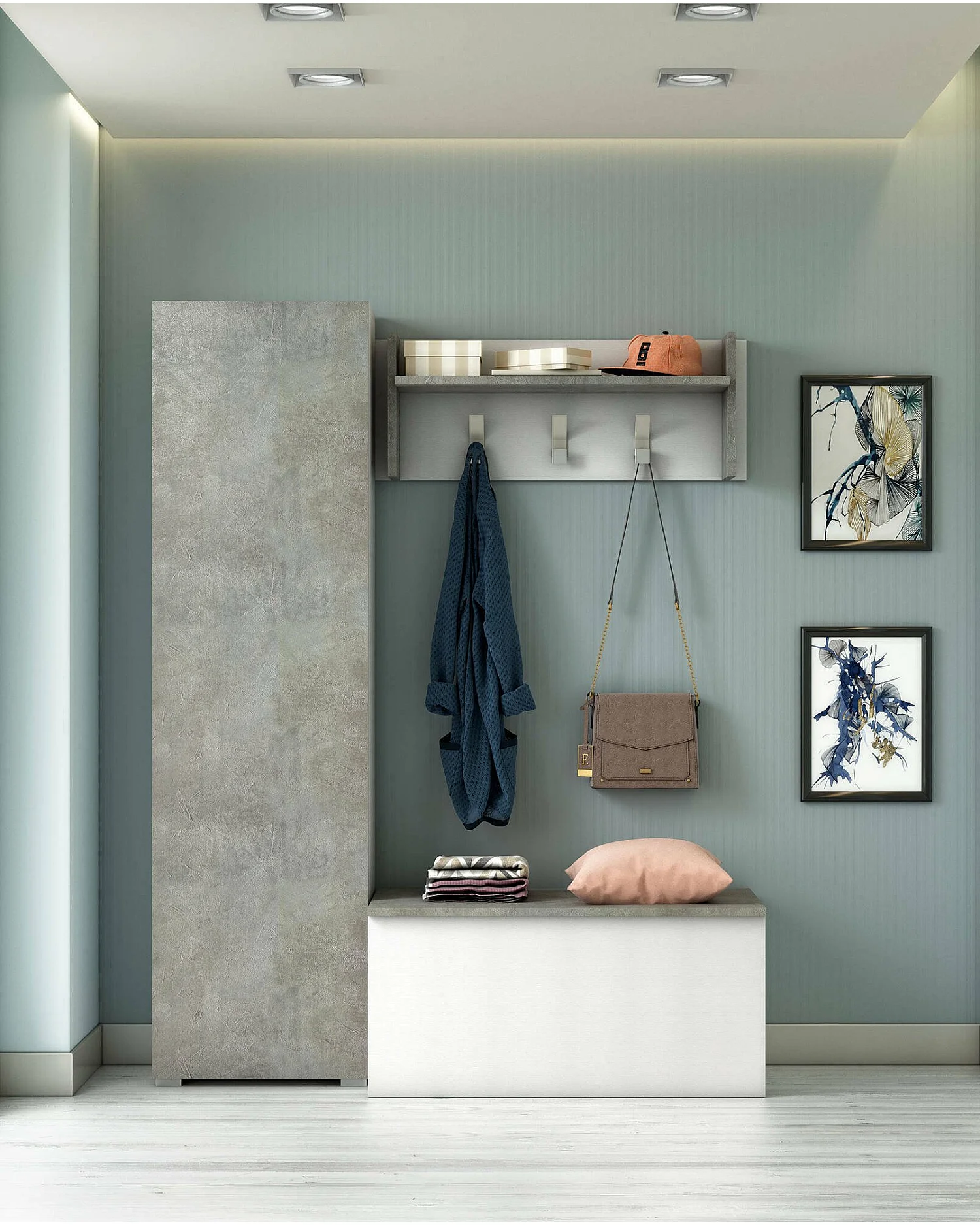 Armario multiusos Ddarbo, Mueble lineal con 1 puerta y 7 baldas, Columna de entrada o baño, zapatero moderno, 100% Made in Italy, 50x30h182 cm, Cemento y Blanco