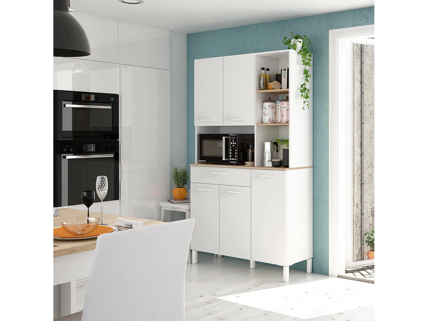 Armoire polyvalente Dgalass, Armoire auxiliaire de cuisine, Buffet avec 5 portes et 1 tiroir avec étagères, Armoire ouverte, 108x40h186 cm, Blanc et Chêne