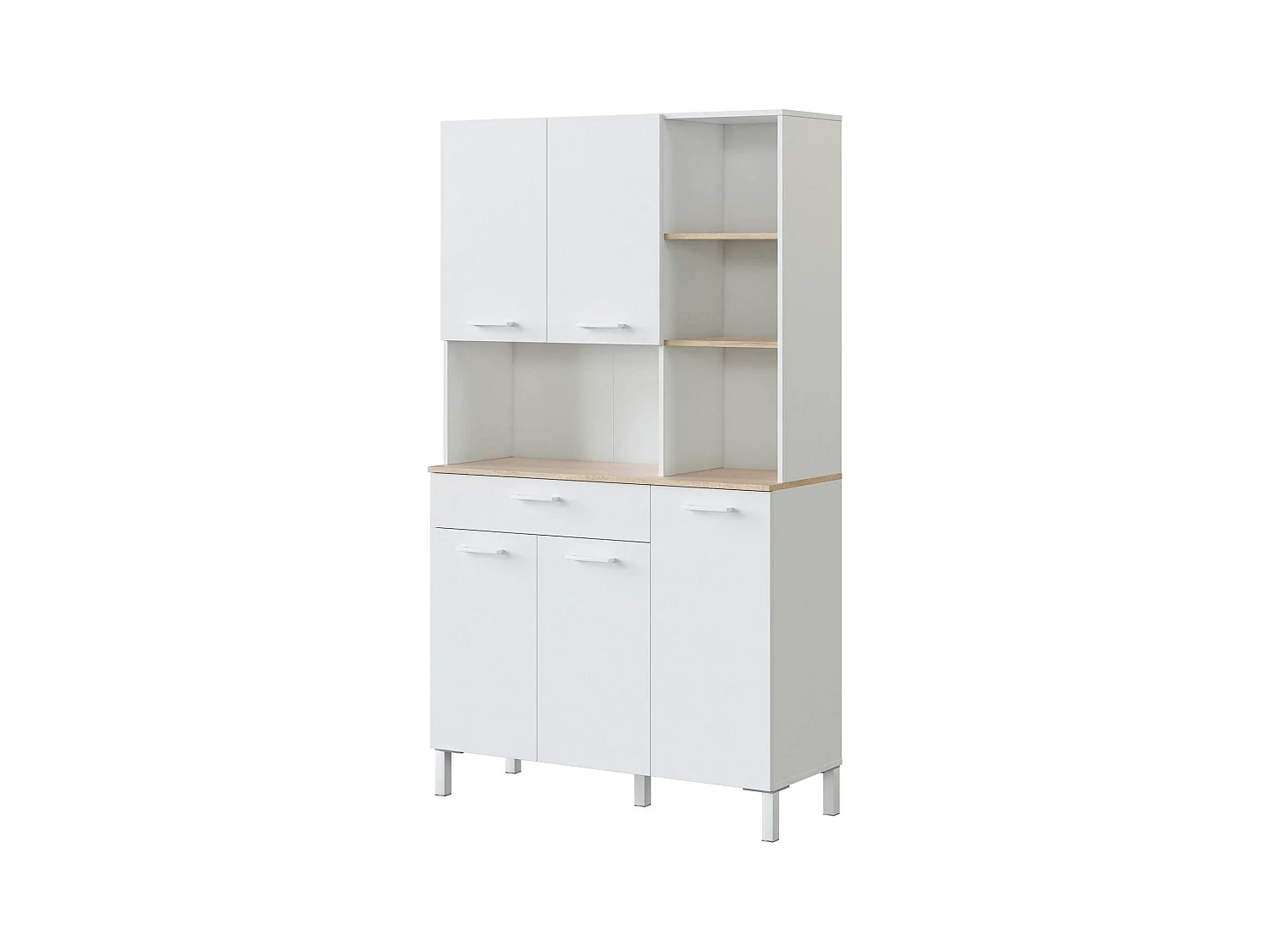 Armoire polyvalente Dgalass, Armoire auxiliaire de cuisine, Buffet avec 5 portes et 1 tiroir avec étagères, Armoire ouverte, 108x40h186 cm, Blanc et Chêne