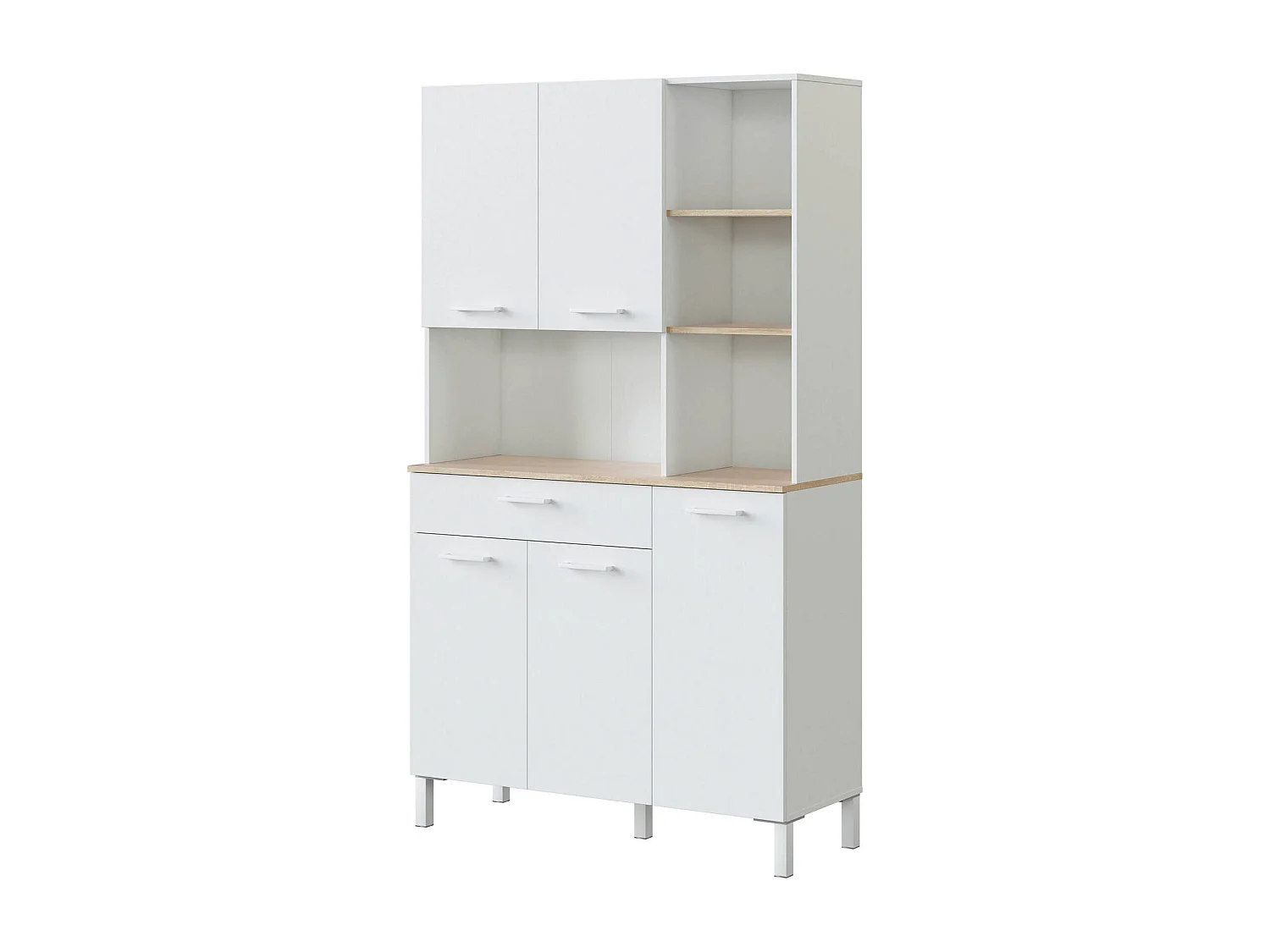 Armario multifunción Dgalass, Mueble auxiliar de cocina, Aparador con 5 puertas y 1 cajón con baldas, armario abierto, 108x40h186 cm, Blanco y Roble