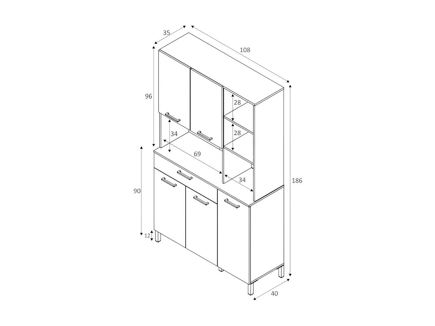 Armario multifunción Dgalass, Mueble auxiliar de cocina, Aparador con 5 puertas y 1 cajón con baldas, armario abierto, 108x40h186 cm, Blanco y Roble