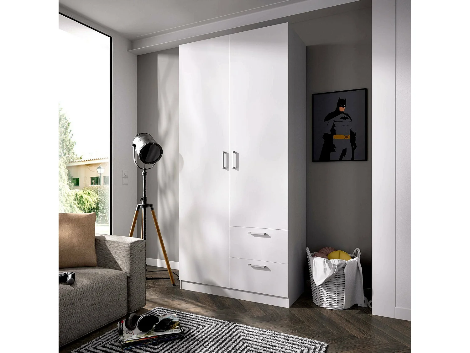 Armário Velino, Cabide para quarto, Armário com 2 portas de batente e 2 gavetas, 100x52h215 cm, Branco