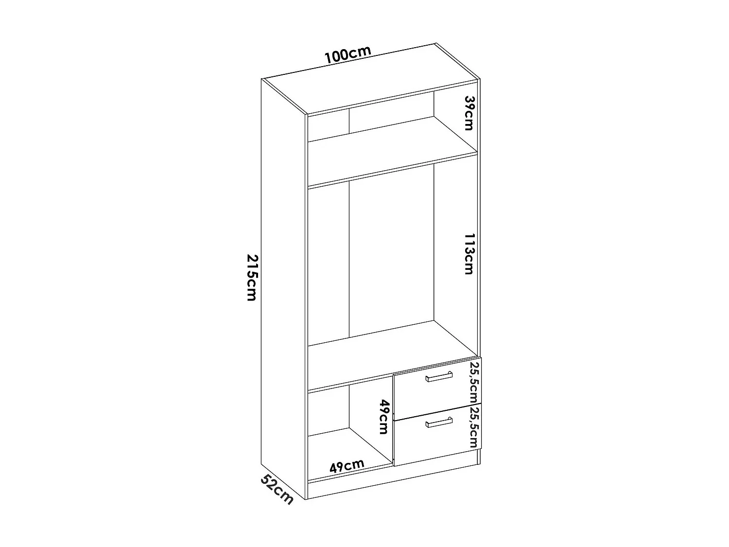 Armário Velino, Cabide para quarto, Armário com 2 portas de batente e 2 gavetas, 100x52h215 cm, Branco