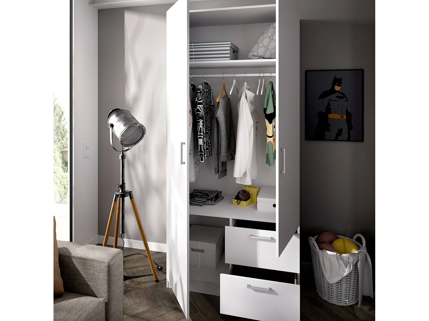 Armário Velino, Cabide para quarto, Armário com 2 portas de batente e 2 gavetas, 100x52h215 cm, Branco