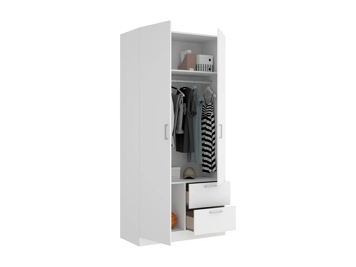 Armário Velino, Cabide para quarto, Armário com 2 portas de batente e 2 gavetas, 100x52h215 cm, Branco