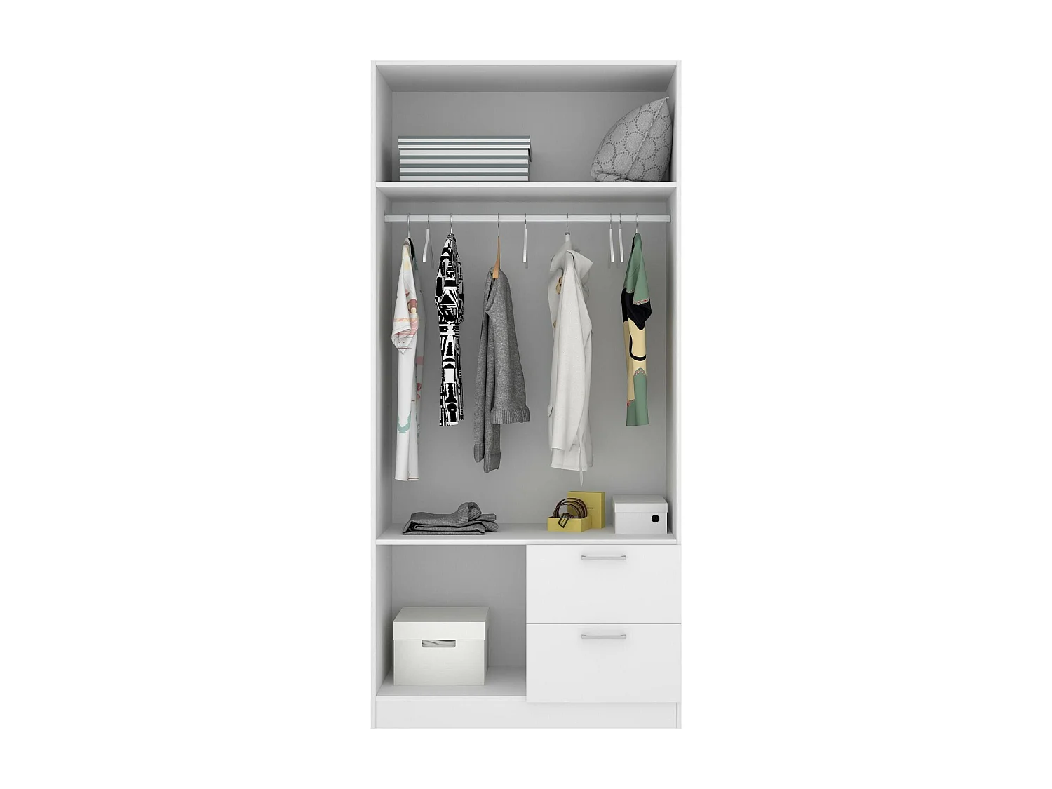 Armário Velino, Cabide para quarto, Armário com 2 portas de batente e 2 gavetas, 100x52h215 cm, Branco