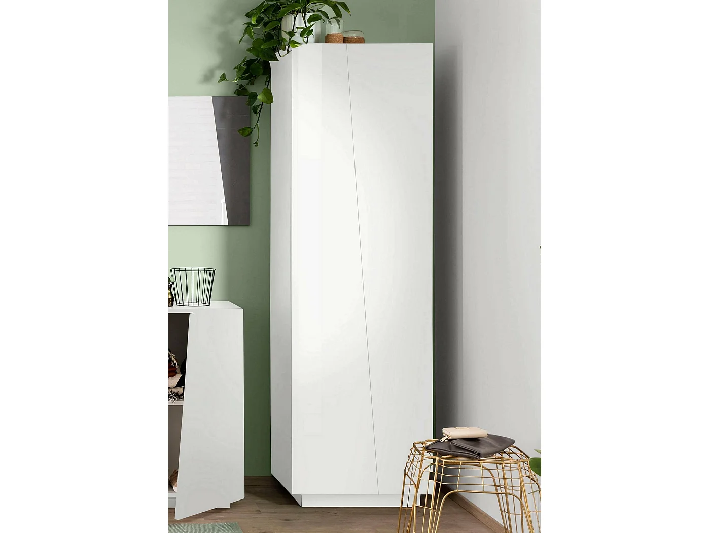 Armoire polyvalente Dheft, Étagère à chaussures avec 2 portes et 5 étagères, Armoire multifonctionnelle, 100% Made in Italy, 60x38h200 cm, Blanc brillant