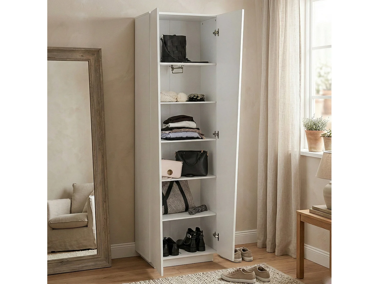 Mehrzweckschrank Dheft, Schuhregal mit 2 Türen und 5 Einlegeböden, Multifunktionsschrank, 100 % Made in Italy, cm 60x38h200, glänzend weiÃŸ