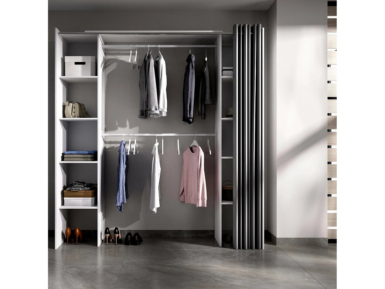 Kleiderschrank Manaslu, Struktur für begehbaren Kleiderschrank, offene ausziehbare Garderobe, 180 x 50 x 205 cm, WeiÃŸ und Grau