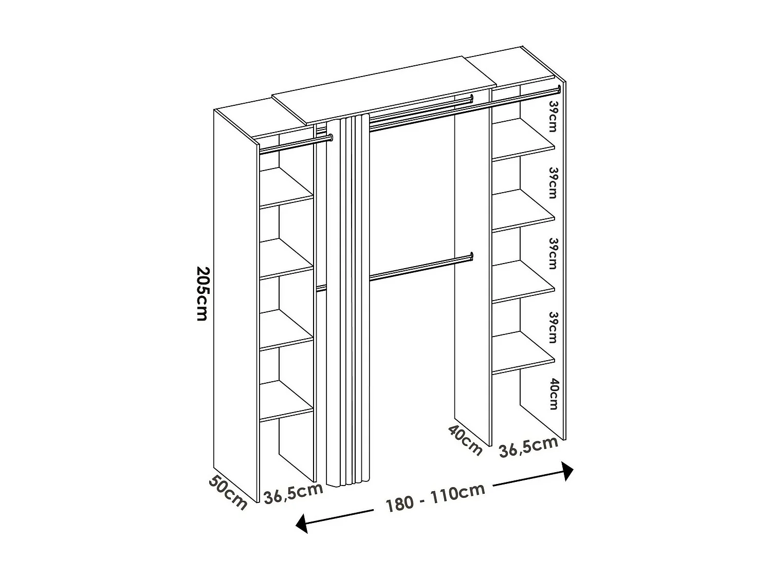 Kleiderschrank Manaslu, Struktur für begehbaren Kleiderschrank, offene ausziehbare Garderobe, 180 x 50 x 205 cm, WeiÃŸ und Grau