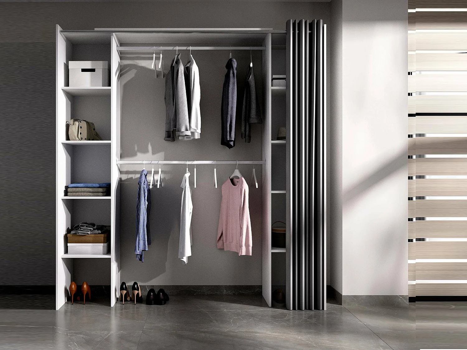 Armoire Manaslu, Structure pour dressing, Cintre ouvert extensible, 180x50h205 cm, Blanc et Gris
