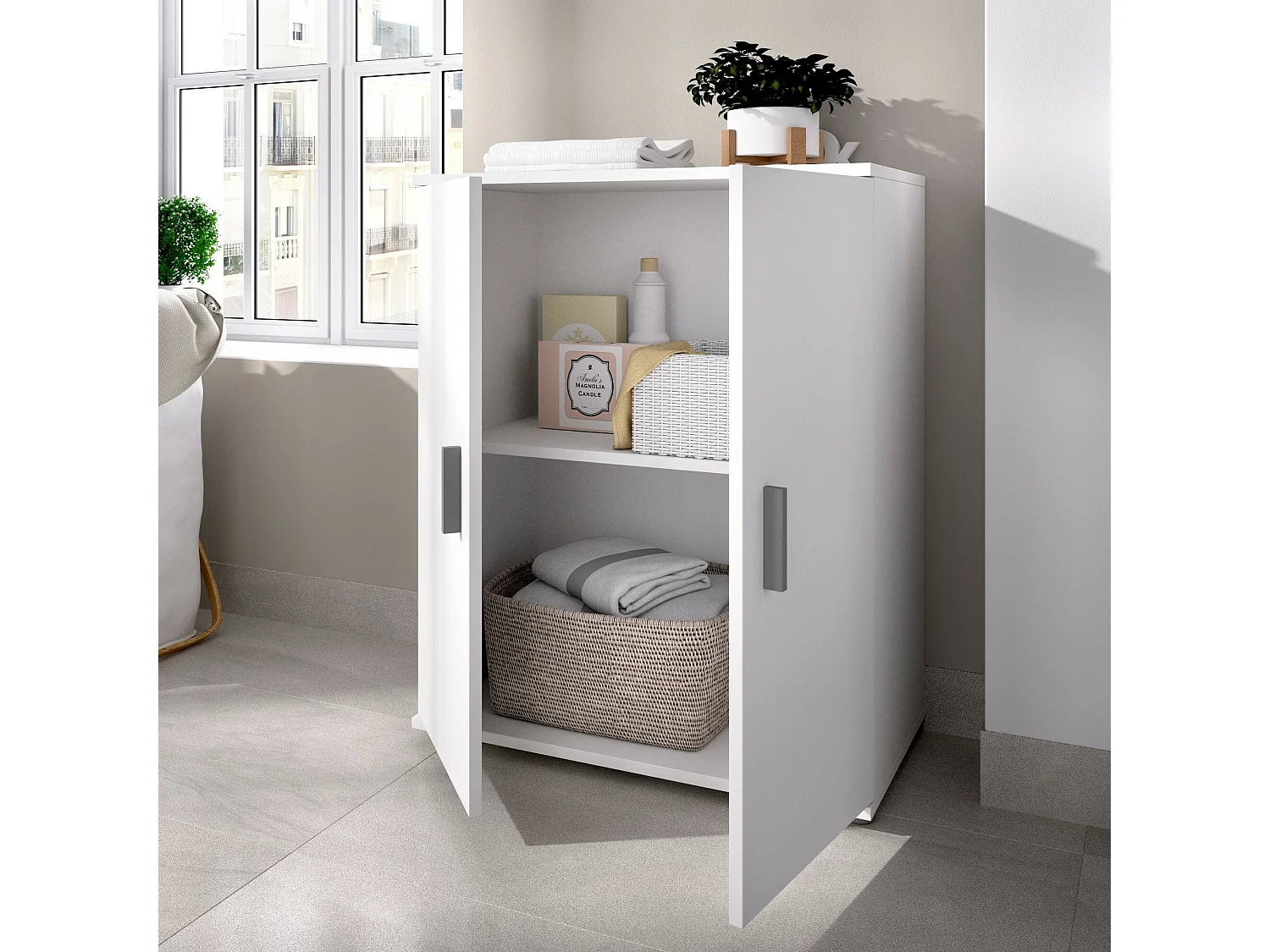 Dmora Multifunctionele Kast 2 Deuren Serles 35x80h cm Wit, 1 Plank, 2 Openslaande Deuren