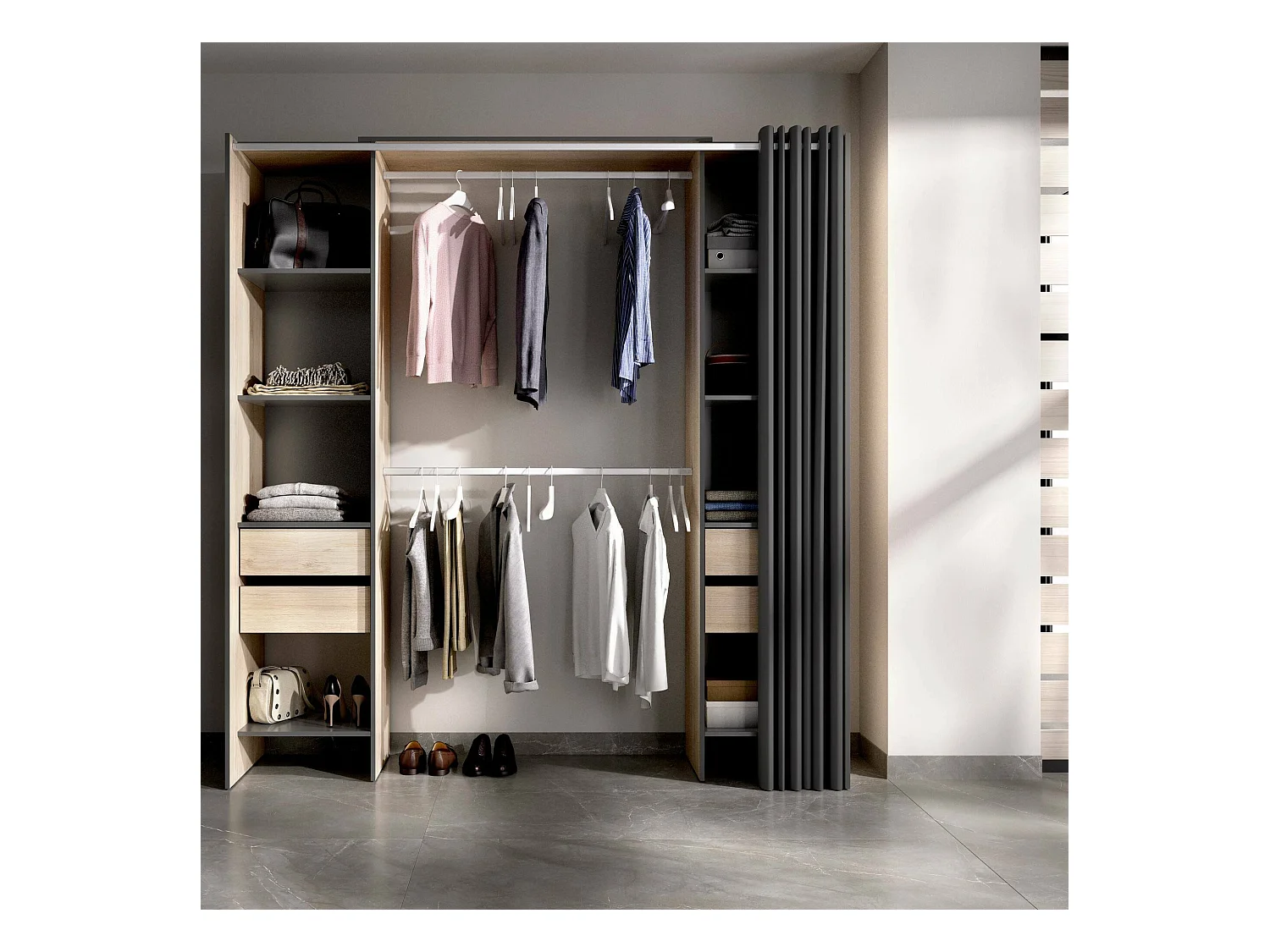 Armoire Resegone, Structure pour dressing, Cintre ouvert, 180x50h205 cm, Chêne et Anthracite