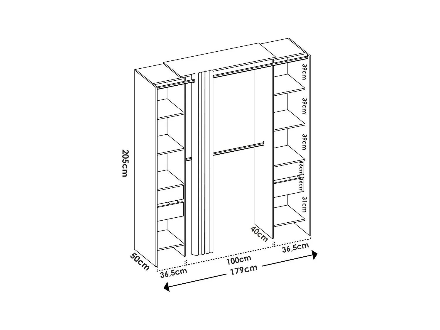 Armoire Resegone, Structure pour dressing, Cintre ouvert, 180x50h205 cm, Chêne et Anthracite