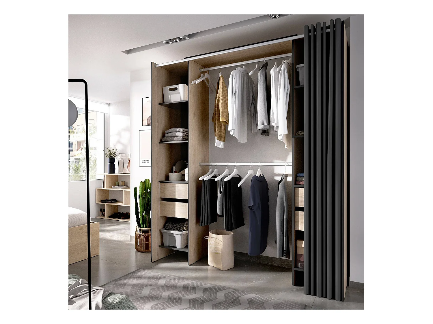 Armoire Resegone, Structure pour dressing, Cintre ouvert, 180x50h205 cm, Chêne et Anthracite