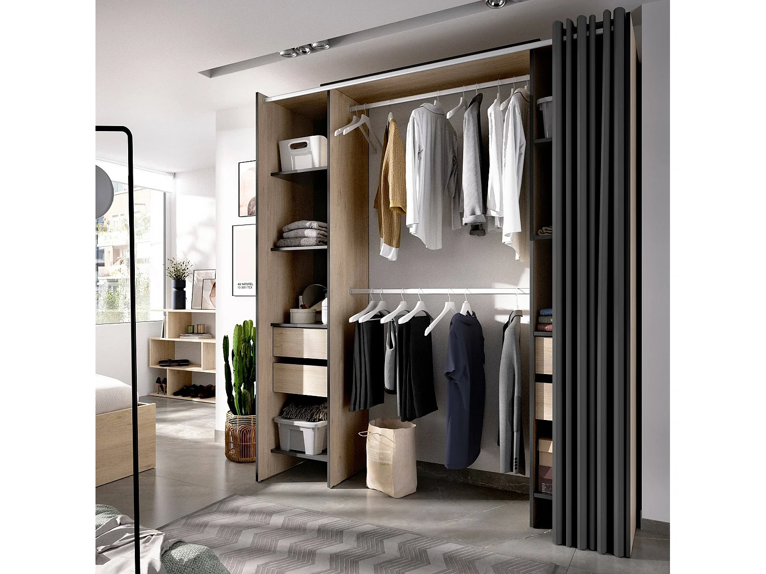 Armoire Resegone, Structure pour dressing, Cintre ouvert, 180x50h205 cm, Chêne et Anthracite