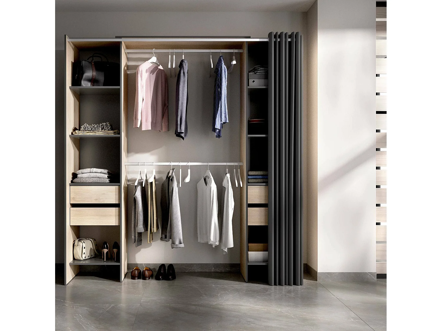 Roupeiro Resegone, Estrutura para guarda-roupa, Cabide aberto, 180x50h205 cm, Carvalho e Antracite