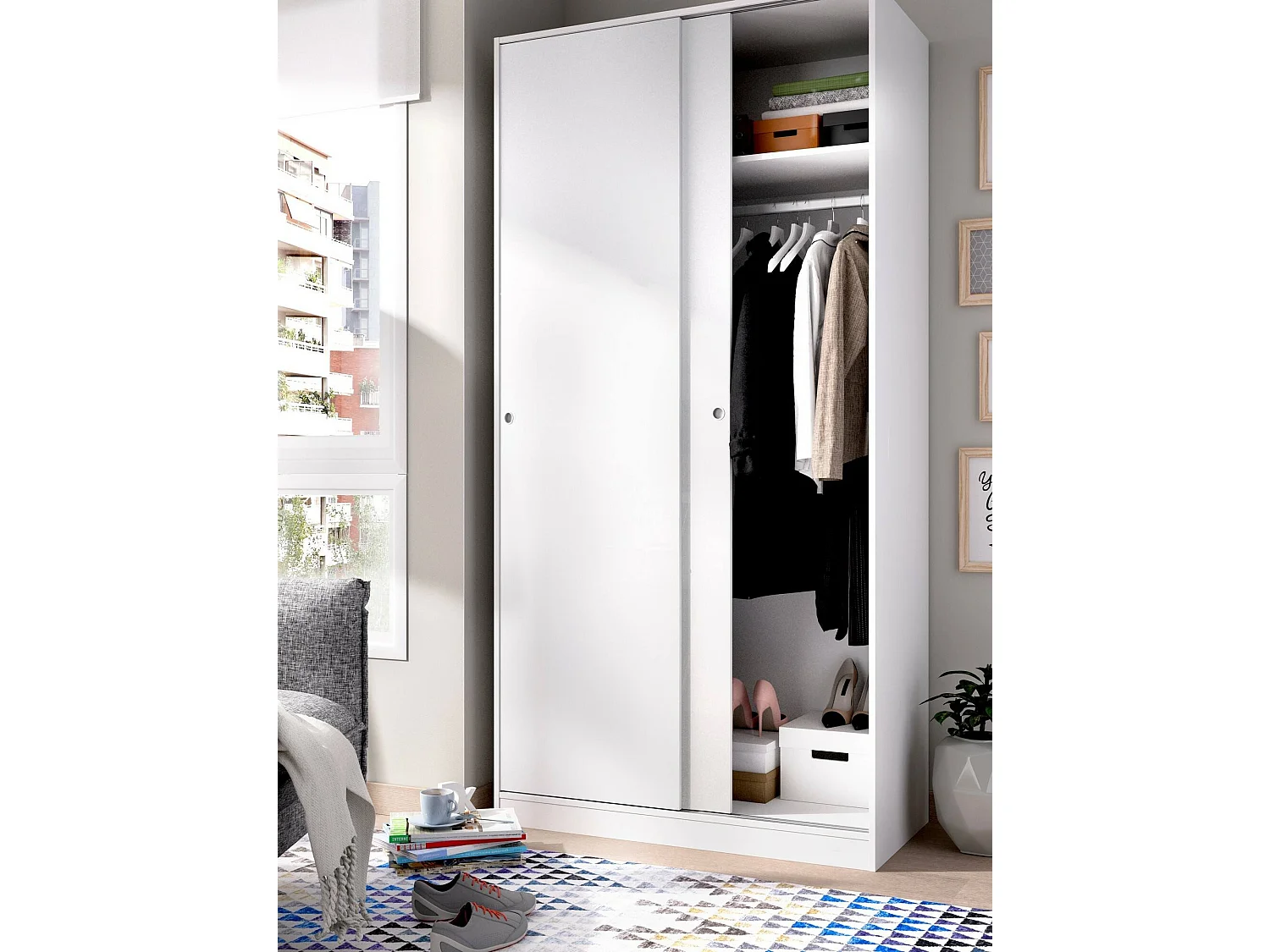 Armário Kilimanjaro, Cabide para quarto, Armário com 2 portas de correr, 100x50h204 cm, Branco