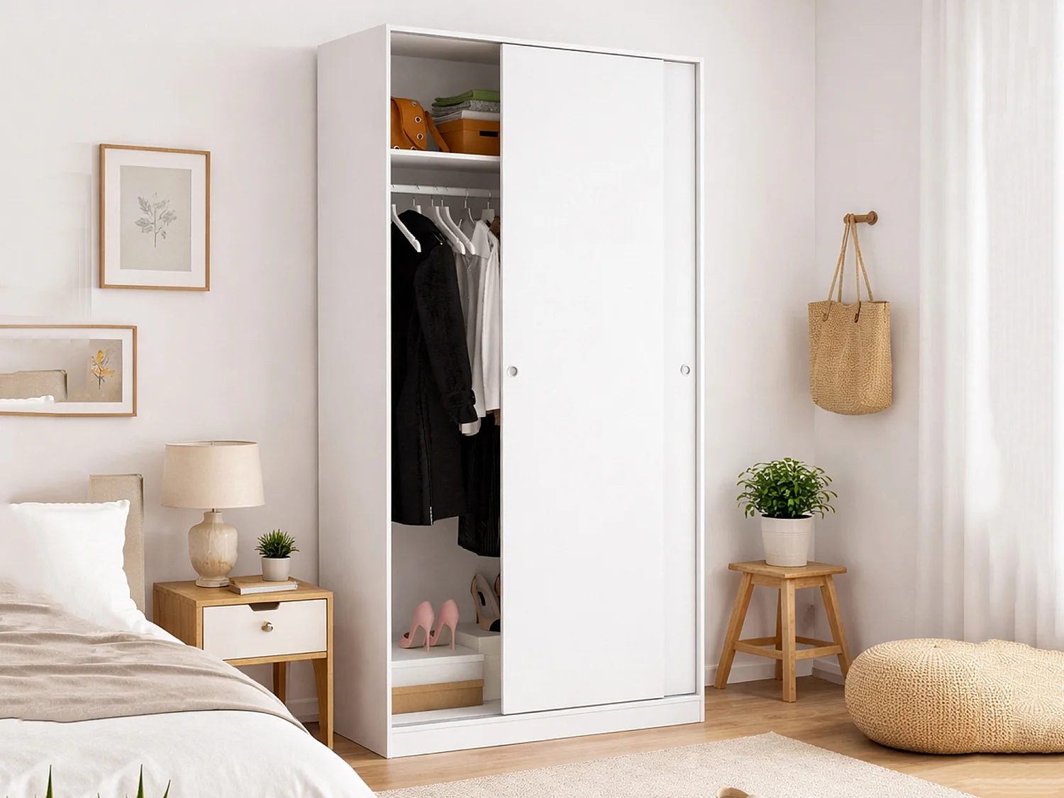 Dmora Guardaroba 2 Ante Kilimangiaro 50x204h cm Bianco Bianco Lucido Appendiabiti un Ripiano, Armadio Camera da Letto 2 Ante