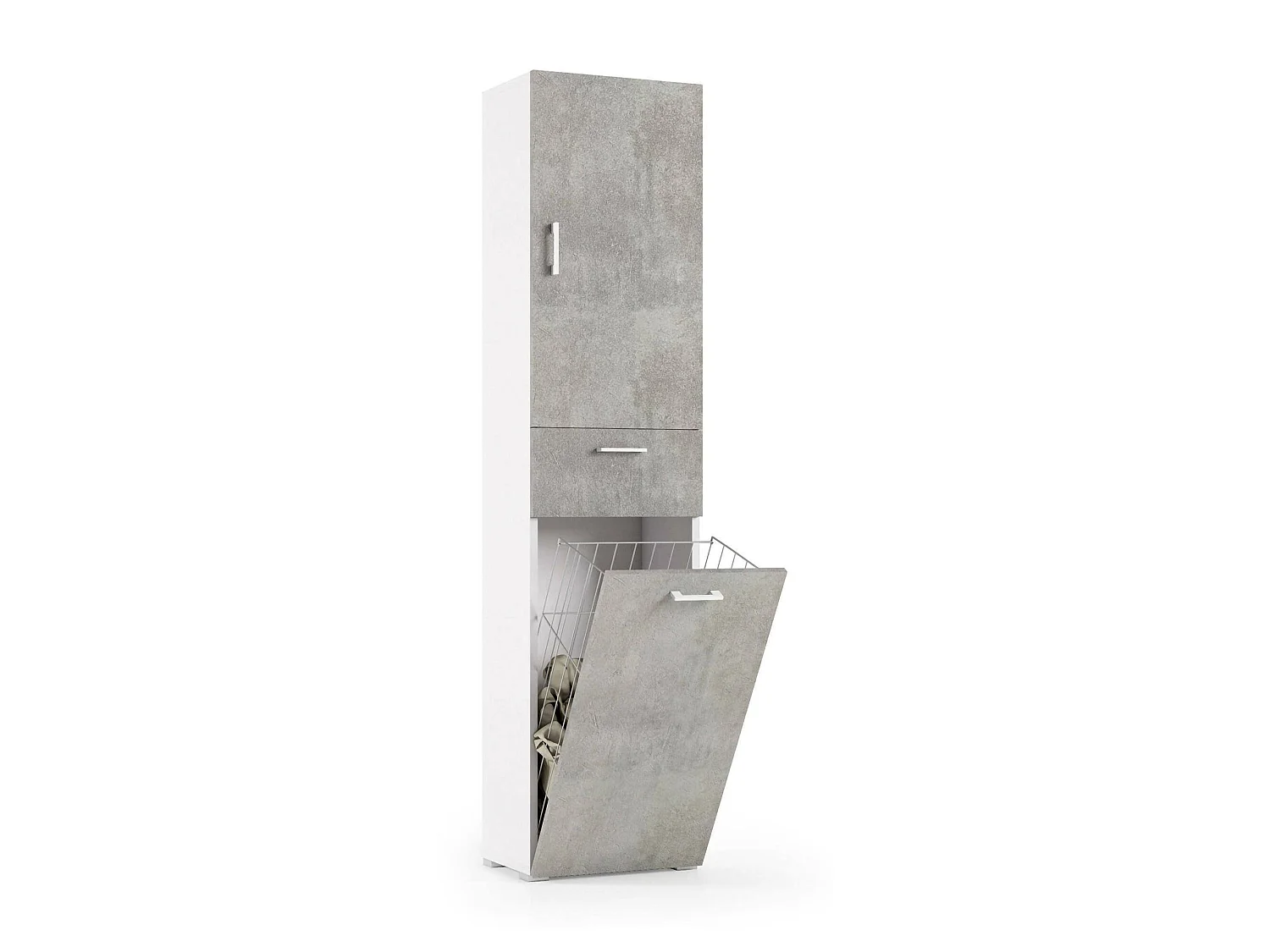 Armario multiusos Dcosim, Mueble lavadero lineal con 2 puertas, Columna de baño con cesto de ropa, 100% Made in Italy, 45x32h195 cm, Cemento y Blanco