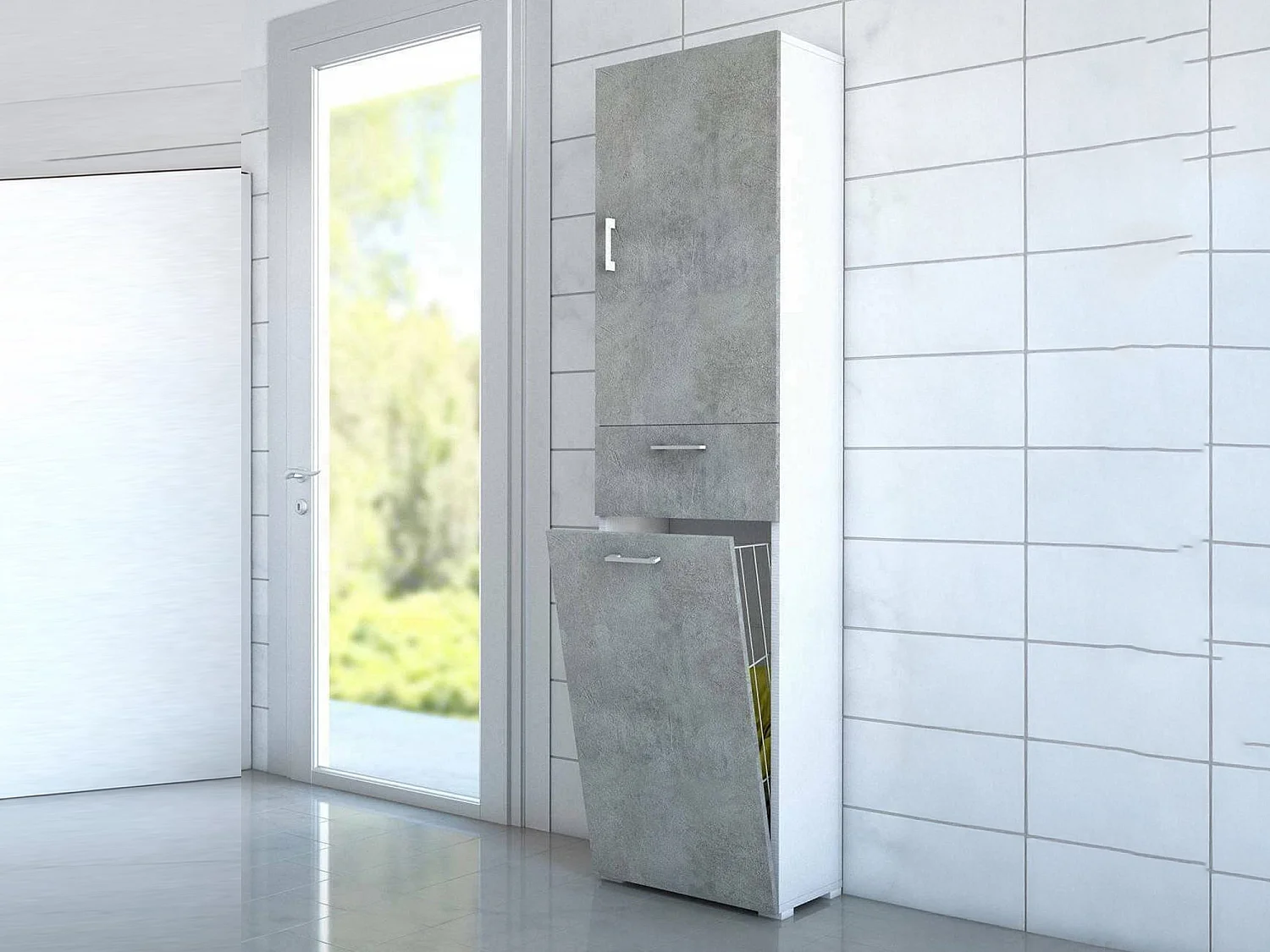 Armario multiusos Dcosim, Mueble lavadero lineal con 2 puertas, Columna de baño con cesto de ropa, 100% Made in Italy, 45x32h195 cm, Cemento y Blanco
