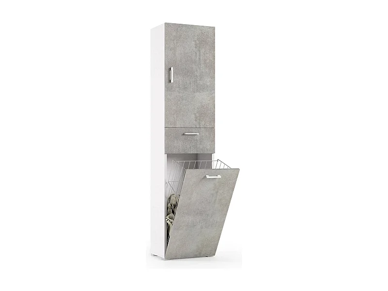 Armoire polyvalente Dcosim, Armoire à linge linéaire avec 2 portes, Colonne de salle de bain avec panier à linge, 100% Made in Italy, 45x32h195 cm, Ciment et Blanc