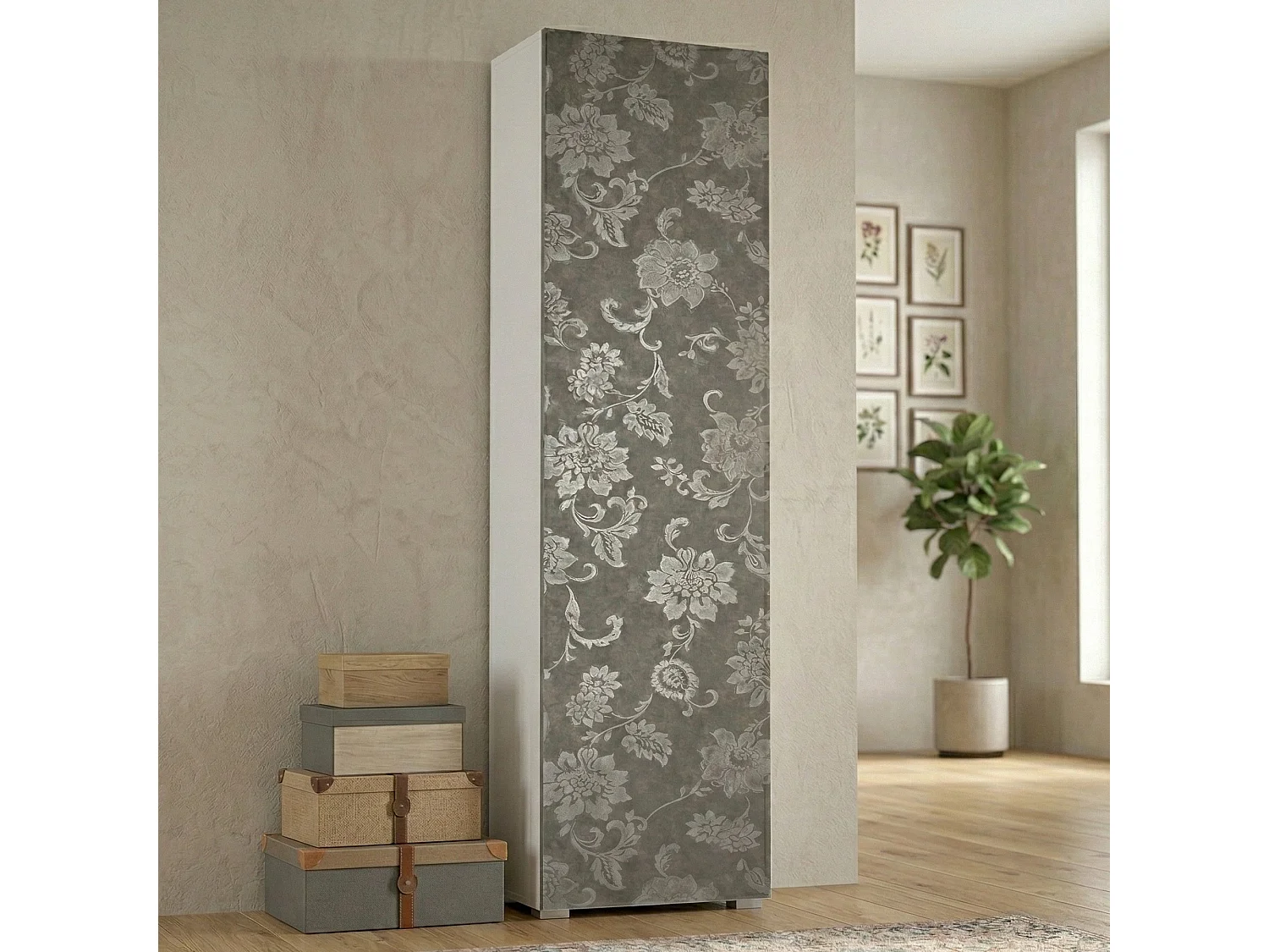 Armario multiusos Ddarbo, Mueble lineal con 1 puerta y 7 baldas, Columna de entrada o baño, zapatero moderno, 100% Made in Italy, 50x30h182 cm, Olmo y fantasía