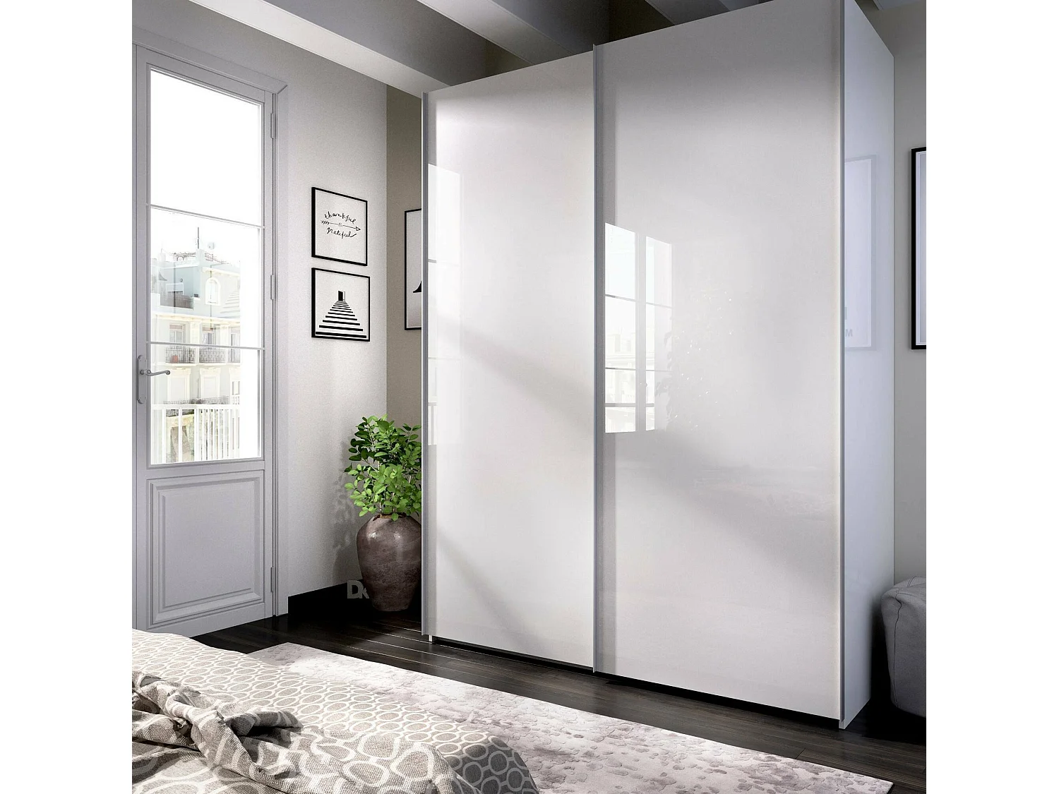 Armoire Nuptse, Cintre pour chambre à coucher, Armoire avec 2 portes coulissantes, 150x65h204 cm, Blanc