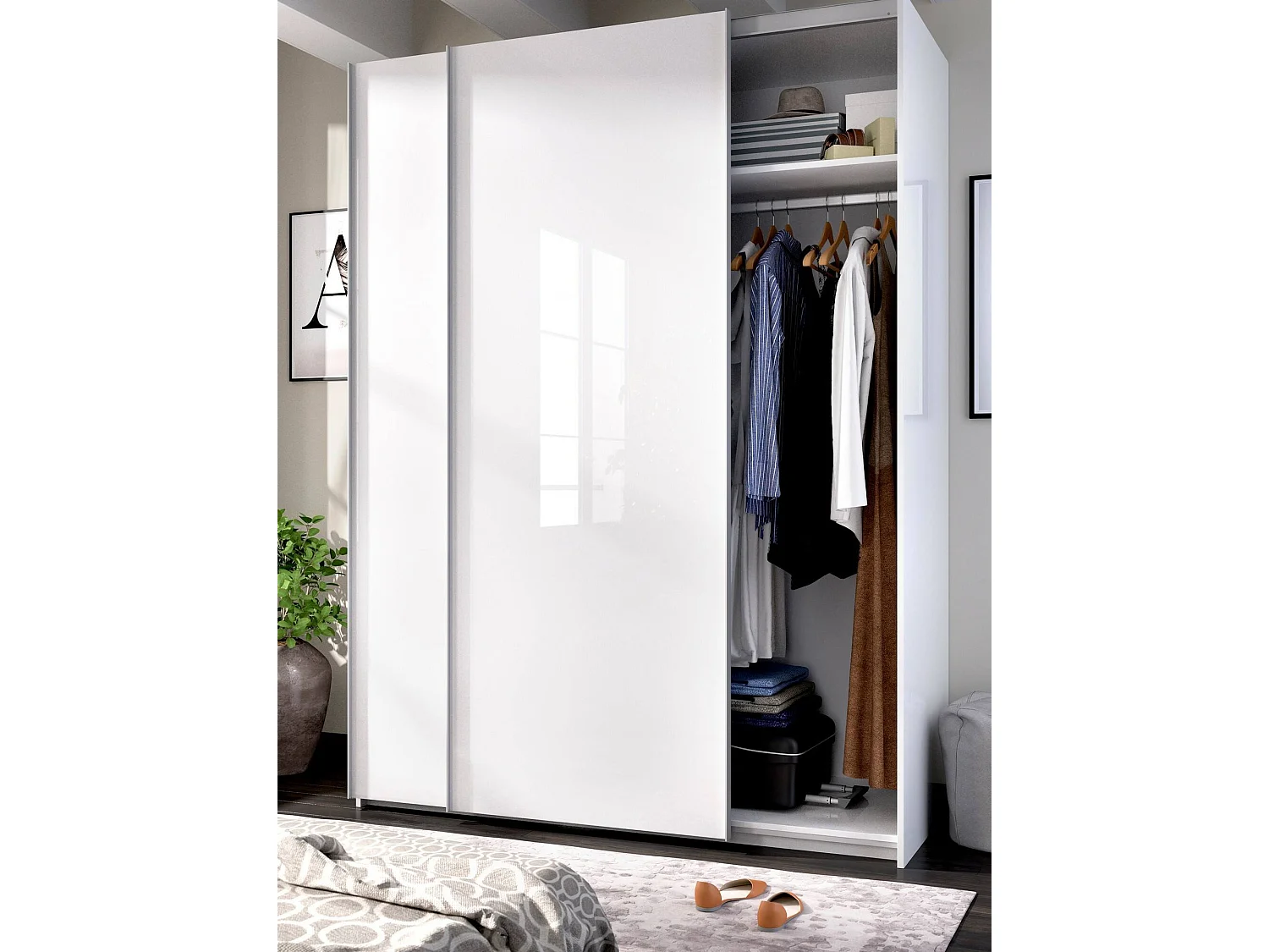 Armoire Nuptse, Cintre pour chambre à coucher, Armoire avec 2 portes coulissantes, 150x65h204 cm, Blanc