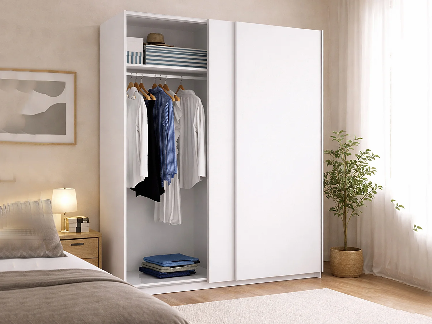 Dmora Guardaroba 2 Ante Nuptse 65x204h cm Bianco Bianco Lucido Appendiabiti un Ripiano, Armadio Camera da Letto 2 Ante