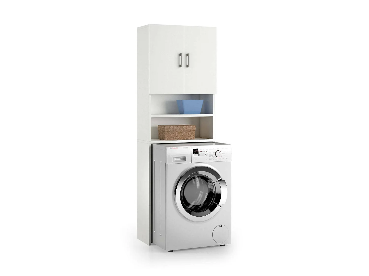 Dabaza multifunctionele kledingkast, lineaire kast met 2 draaideuren en planken, waskast voor wasmachine, 100% Made in Italy, 65x32h195 cm, Wit
