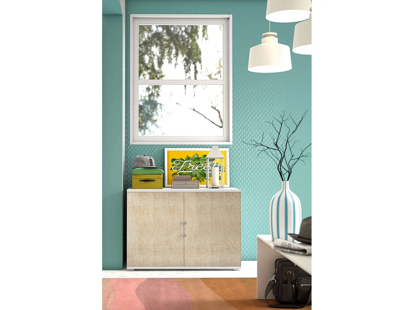 Darc multifunctionele kledingkast, Lineaire kast met 2 draaideuren met plank, Entreekast, Modern schoenenrek, 100% Made in Italy, 90x45h66 cm, Eiken en wit