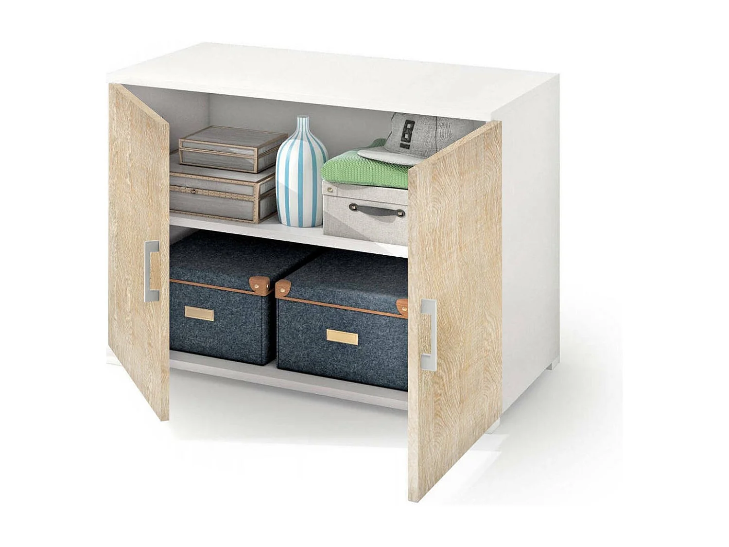 Darc multifunctionele kledingkast, Lineaire kast met 2 draaideuren met plank, Entreekast, Modern schoenenrek, 100% Made in Italy, 90x45h66 cm, Eiken en wit