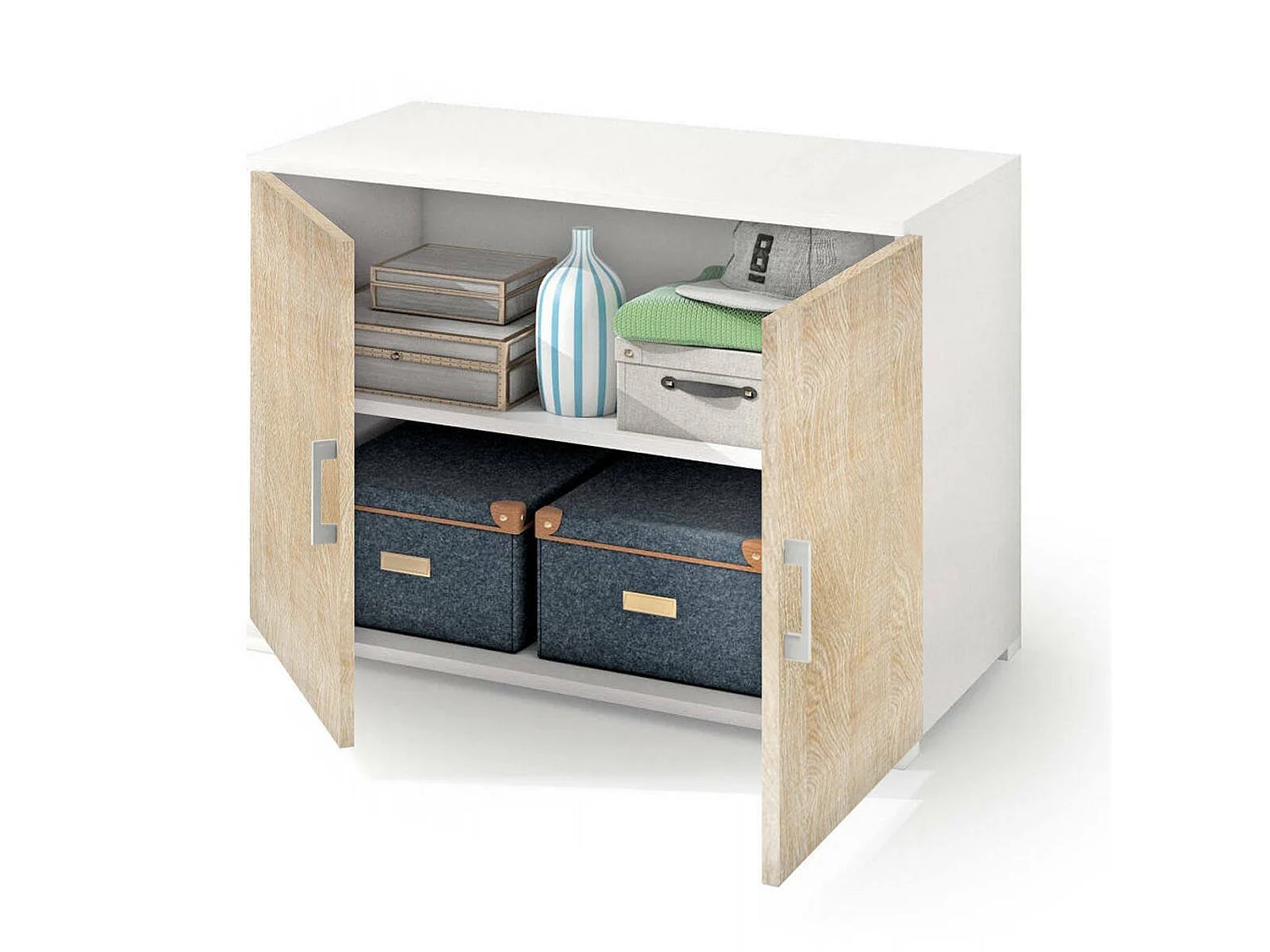 Darc multifunctionele kledingkast, Lineaire kast met 2 draaideuren met plank, Entreekast, Modern schoenenrek, 100% Made in Italy, 90x45h66 cm, Eiken en wit