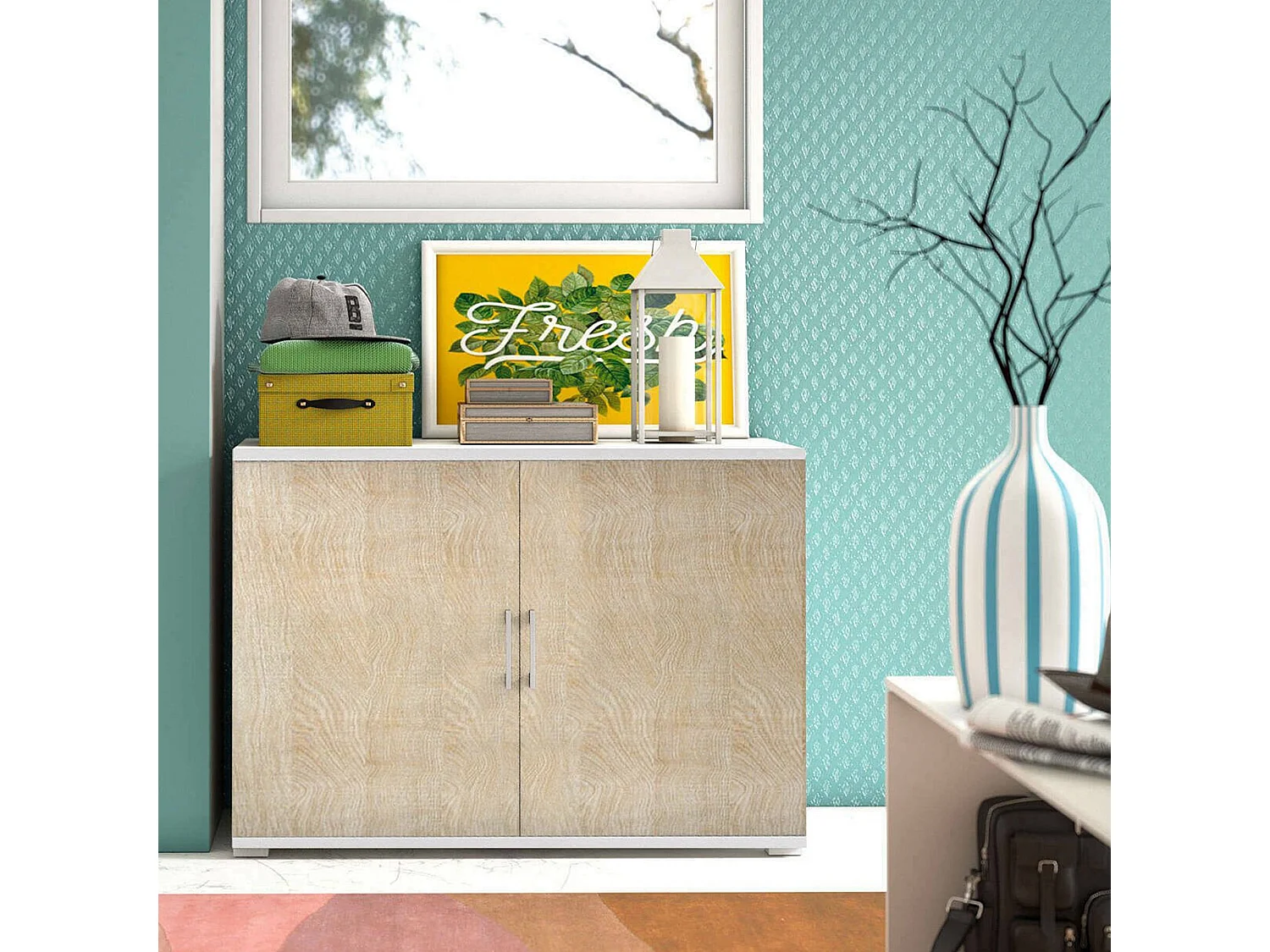 Darc multifunctionele kledingkast, Lineaire kast met 2 draaideuren met plank, Entreekast, Modern schoenenrek, 100% Made in Italy, 90x45h66 cm, Eiken en wit