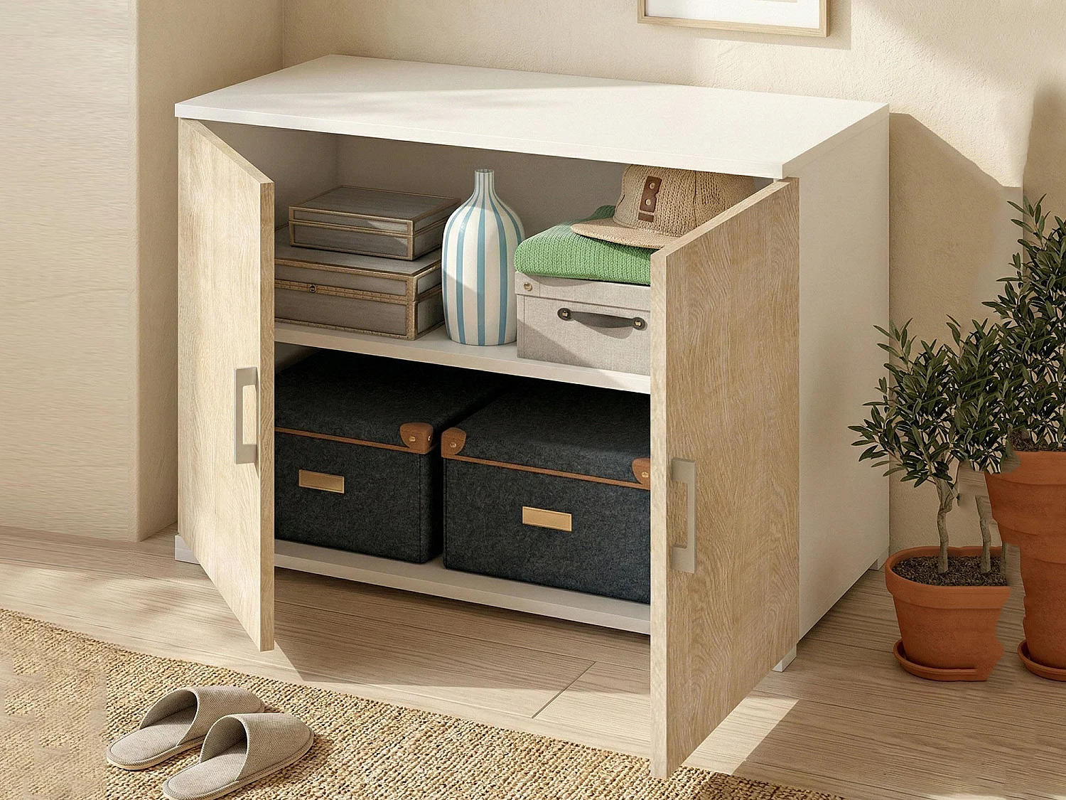 Darc multifunctionele kledingkast, Lineaire kast met 2 draaideuren met plank, Entreekast, Modern schoenenrek, 100% Made in Italy, 90x45h66 cm, Eiken en wit