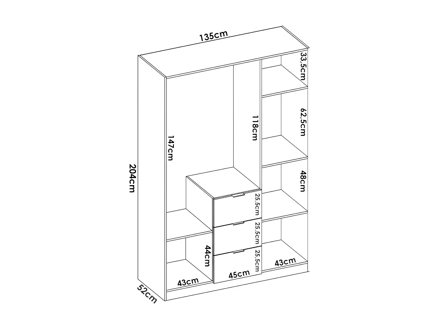 Falterona Armoire, Cintre pour chambre à coucher, Armoire avec 3 portes battantes et 3 tiroirs, 135x52h204 cm, Blanc