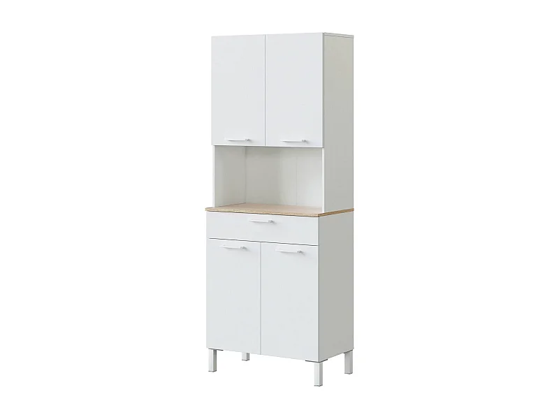 Armoire polyvalente Dbakke, Armoire auxiliaire de cuisine, Buffet avec 4 portes et 1 tiroir avec étagères, Armoire ouverte, 72x40h186 cm, Blanc et Chêne