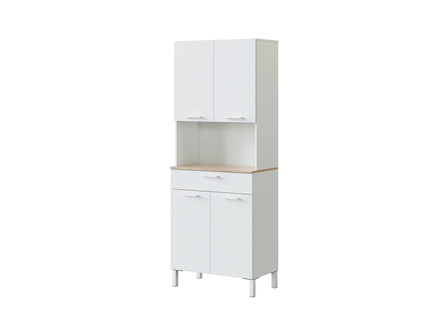 Armoire polyvalente Dbakke, Armoire auxiliaire de cuisine, Buffet avec 4 portes et 1 tiroir avec étagères, Armoire ouverte, 72x40h186 cm, Blanc et Chêne