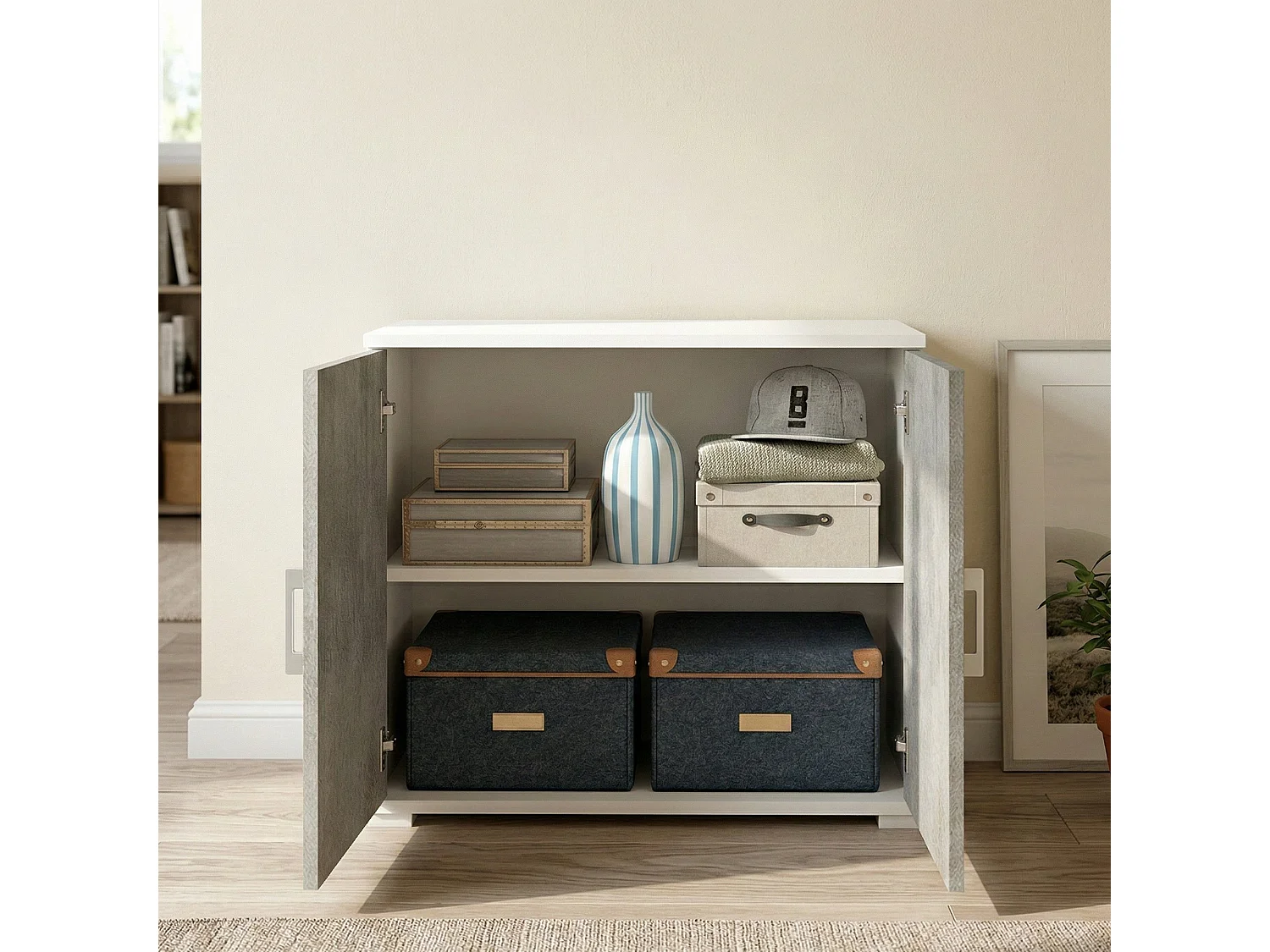 Dmora - Armadio multiuso Serafinito, 90x45h66 cm, Cemento e Bianco