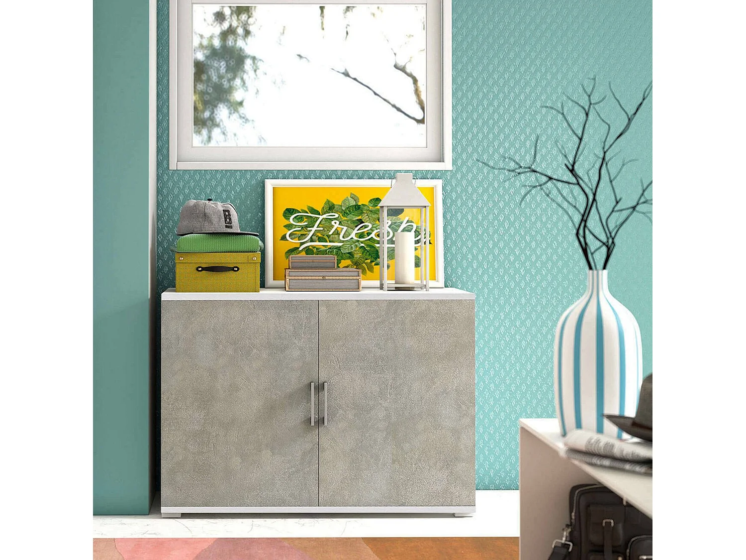 Dmora - Armadio multiuso Serafinito, 90x45h66 cm, Cemento e Bianco