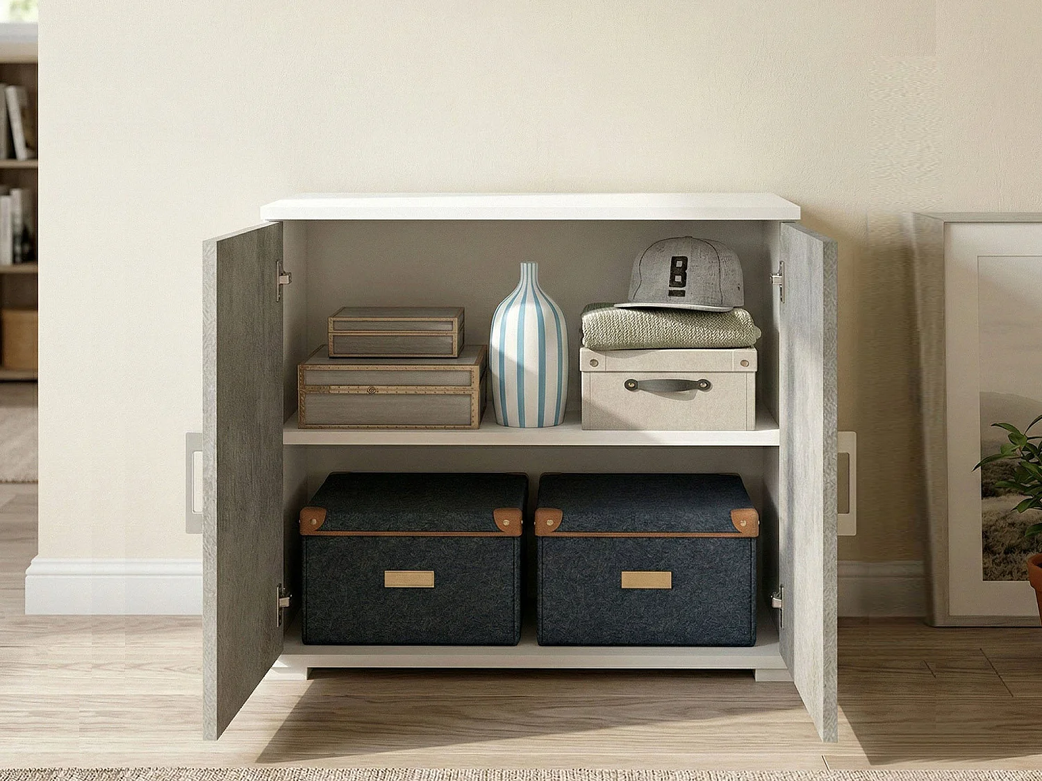 Dmora - Armadio multiuso Serafinito, 90x45h66 cm, Cemento e Bianco