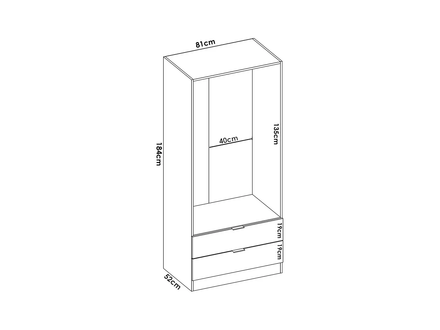 Armoire Pisanino, Cintre pour chambre à coucher, Armoire avec 2 portes battantes et 2 tiroirs, 81x52h184 cm, Chêne