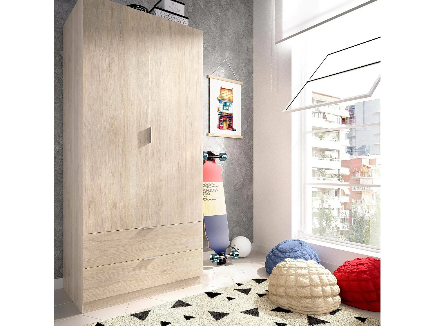 Roupeiro Pisanino, Cabide para quarto, Roupeiro com 2 portas de batente e 2 gavetas, 81x52h184 cm, Carvalho