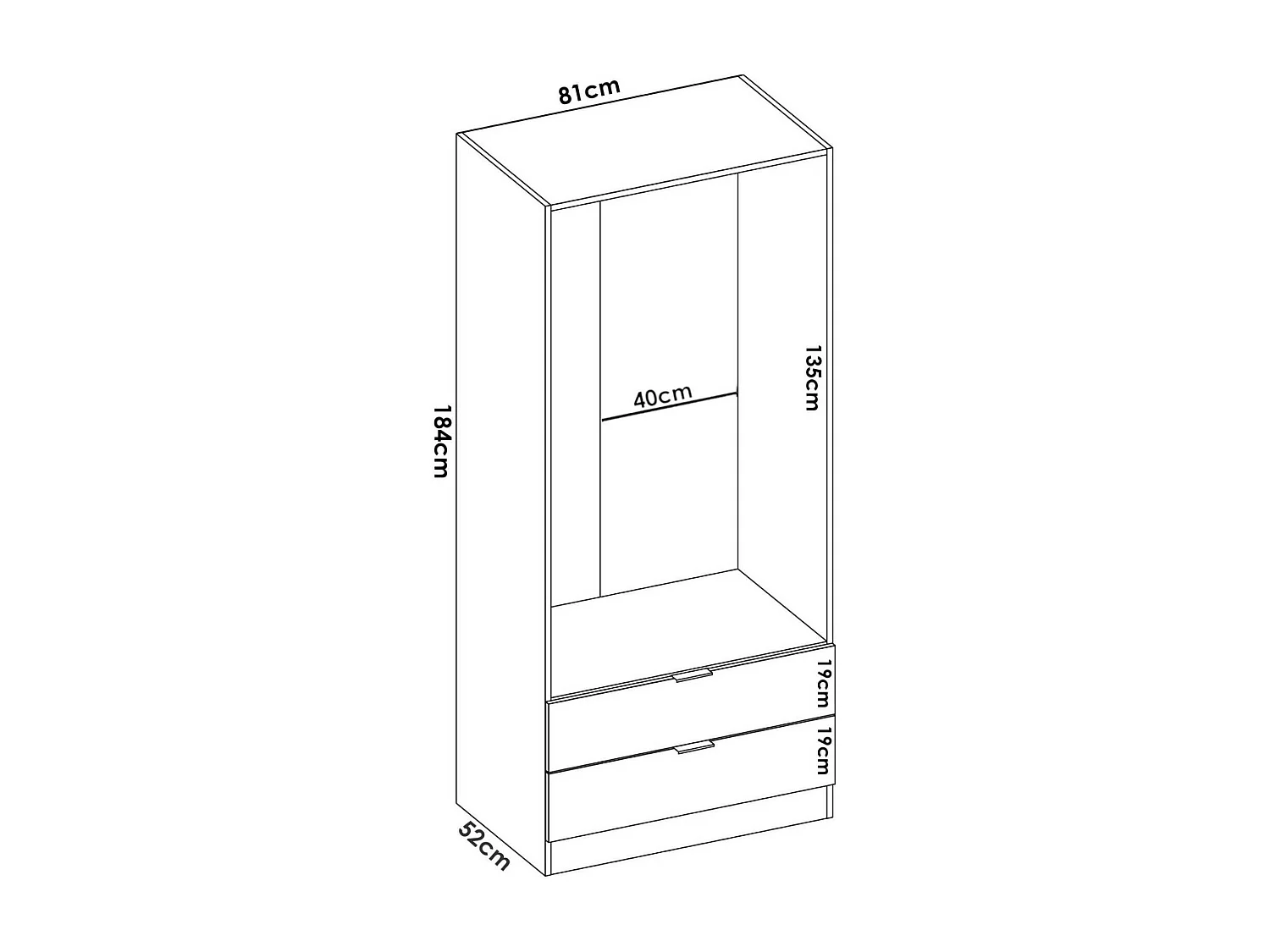 Roupeiro Pisanino, Cabide para quarto, Roupeiro com 2 portas de batente e 2 gavetas, 81x52h184 cm, Carvalho