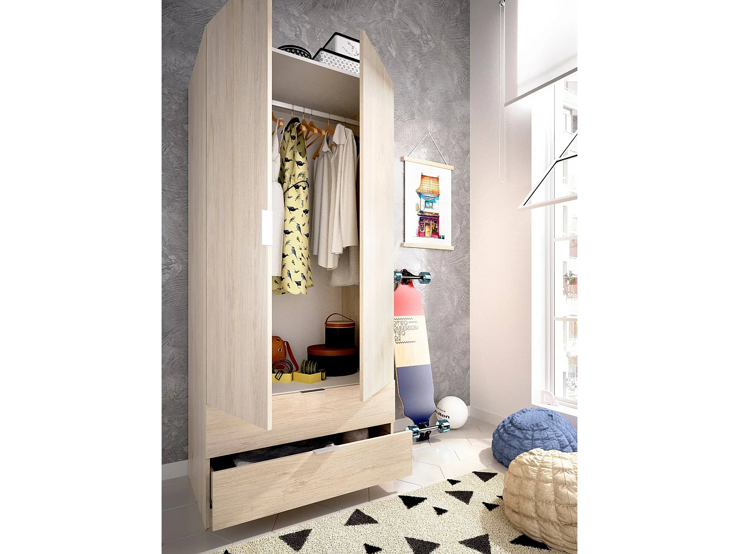 Roupeiro Pisanino, Cabide para quarto, Roupeiro com 2 portas de batente e 2 gavetas, 81x52h184 cm, Carvalho