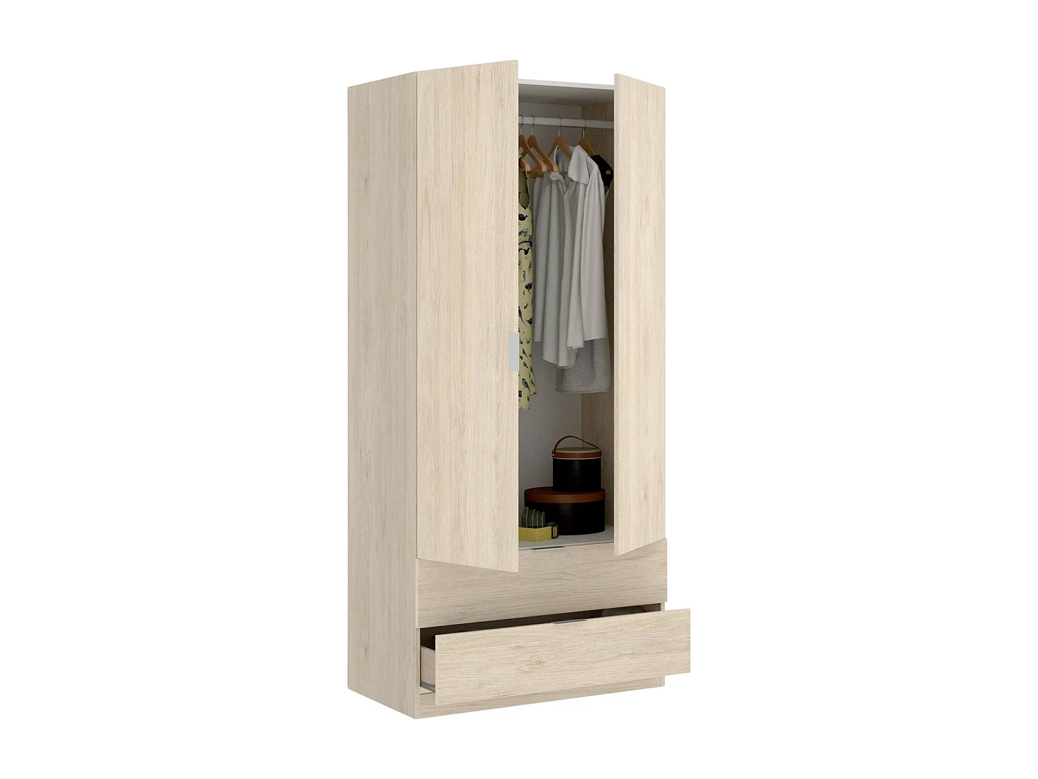 Roupeiro Pisanino, Cabide para quarto, Roupeiro com 2 portas de batente e 2 gavetas, 81x52h184 cm, Carvalho