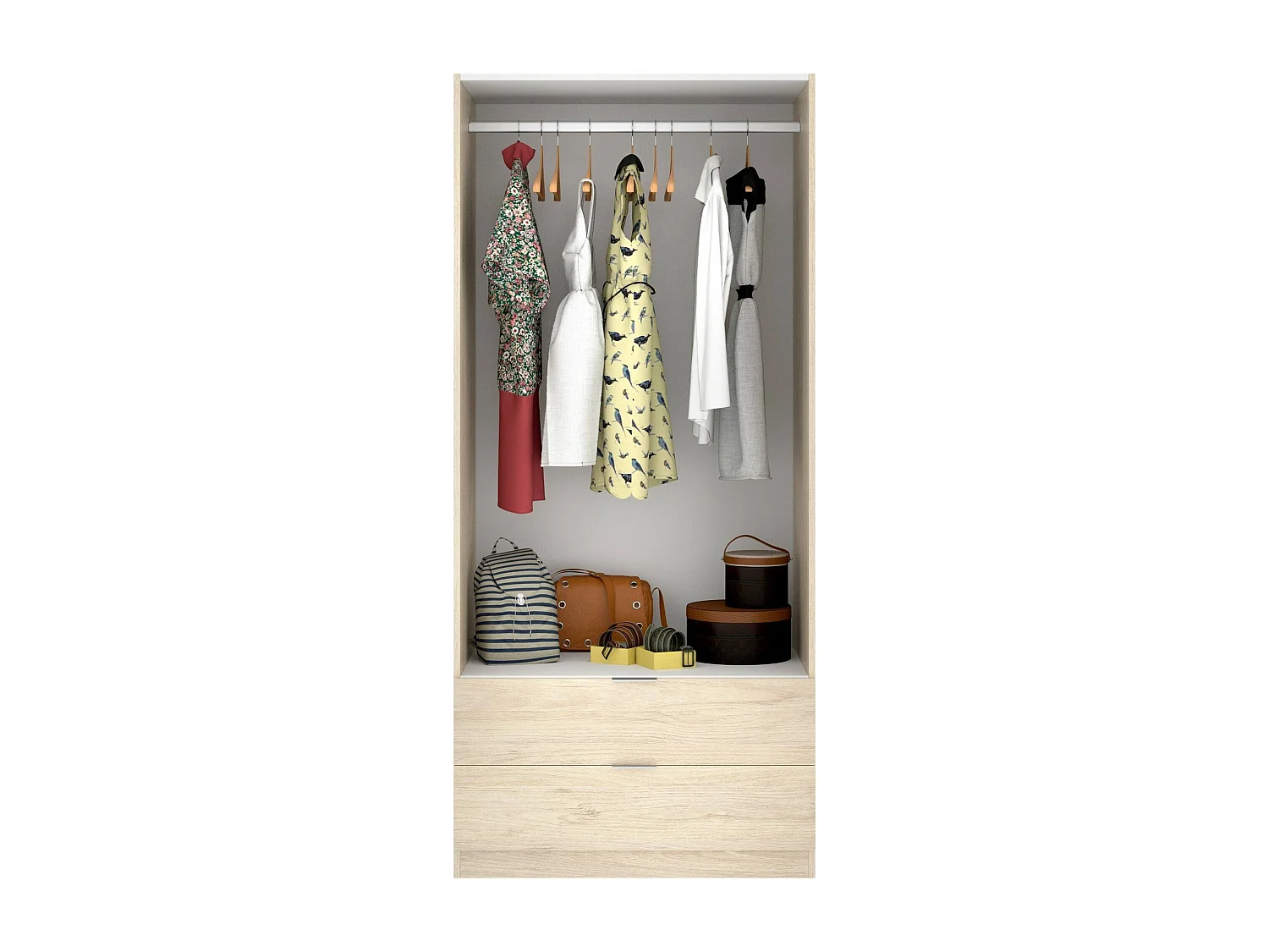 Roupeiro Pisanino, Cabide para quarto, Roupeiro com 2 portas de batente e 2 gavetas, 81x52h184 cm, Carvalho