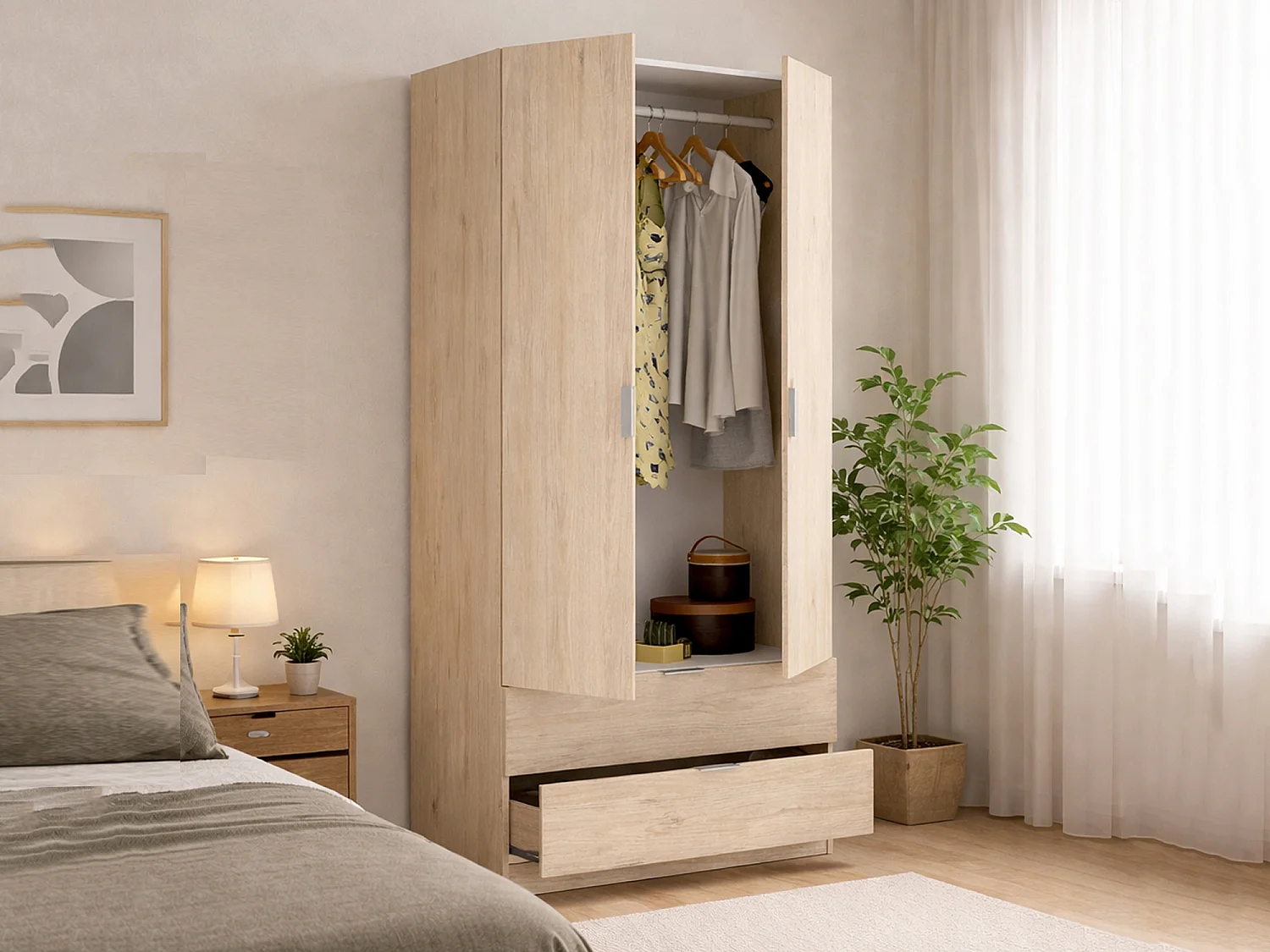 Armario Pisanino, Perchero para dormitorio, Armario con 2 puertas batientes y 2 cajones, 81x52h184 cm, Roble