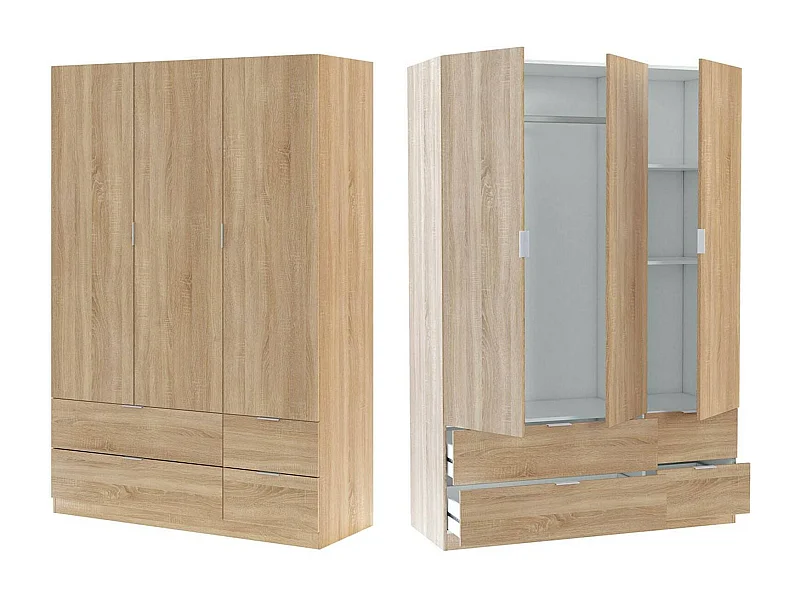 Armoire Weymouth, Armoire de chambre avec 3 portes et 2 tiroirs, Armoire à vêtements, 135x52h200 cm, Chêne